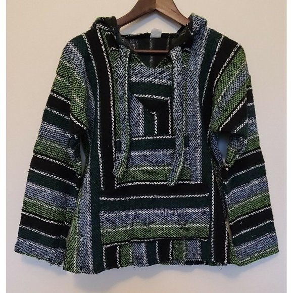 Mexican Southwest Baja Chunky Poncho Hoodie Hippie‎ Festival Drug Rug Size Small - Picture 1 of 7